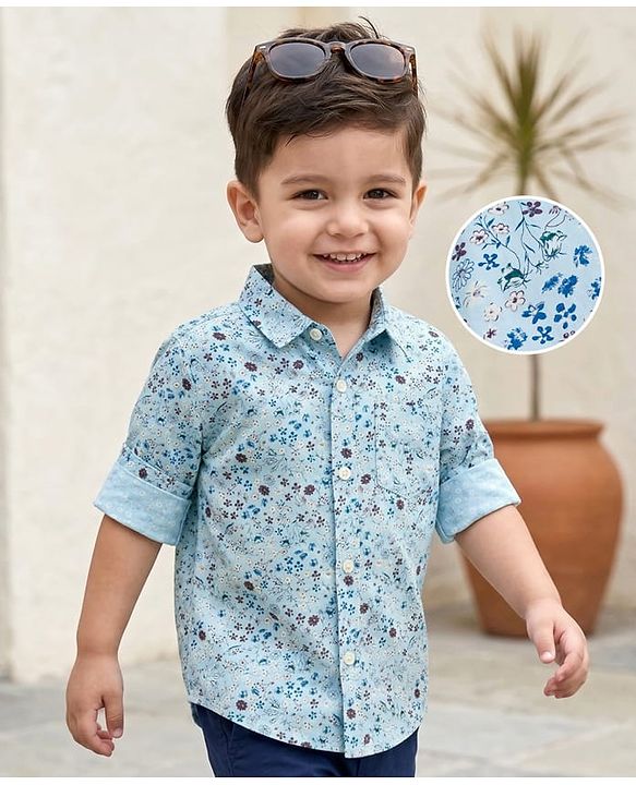 Babyhug Cotton Woven Full Sleeves Floral Printed Shirt - Light Blue