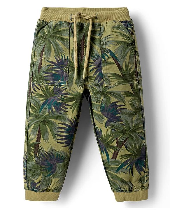 Babyhug Cotton Lycra Woven Full Length Beach Theme Printed Joggers Pant With Stretch - Olive Green