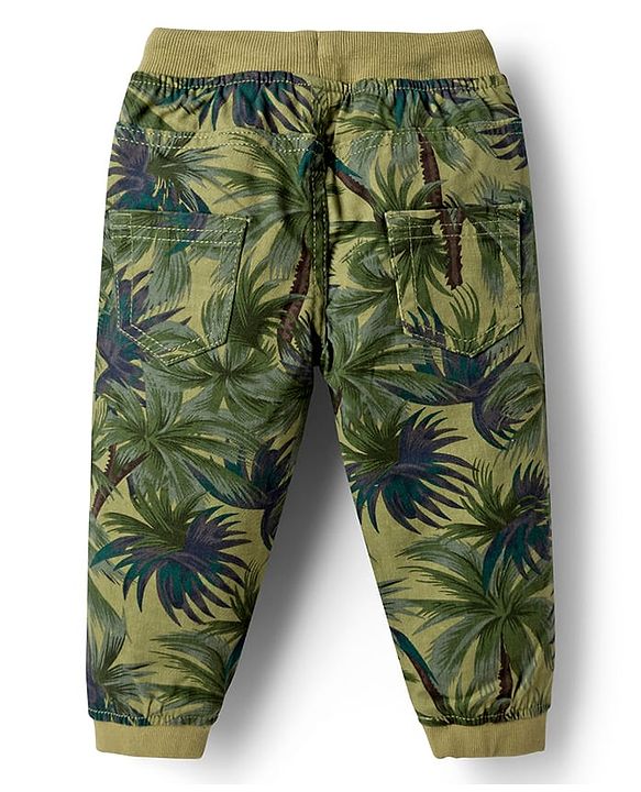 Babyhug Cotton Lycra Woven Full Length Beach Theme Printed Joggers Pant With Stretch - Olive Green