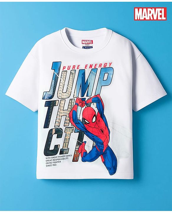 Pine Kids Marvel Single Jersey Knit Half Sleeves Drop Shoulder Shirt With Spider Man Graphics - White
