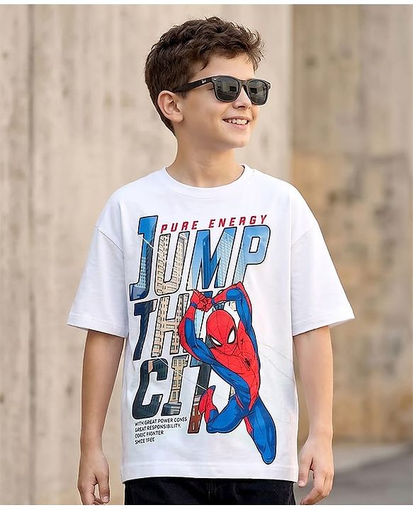 Pine Kids Marvel Single Jersey Knit Half Sleeves Drop Shoulder Shirt With Spider Man Graphics - White