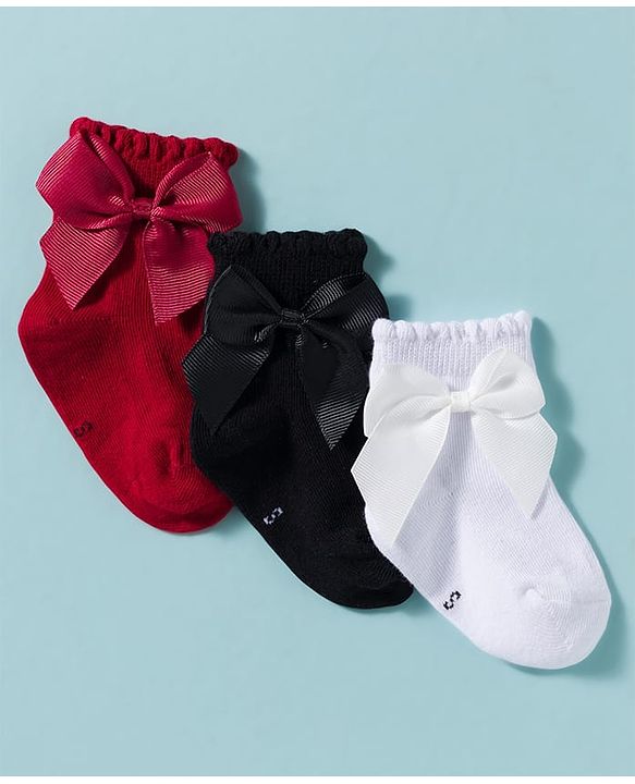 Cute Walk by Babyhug Non Terry Knit Ankle Length Solid Party Socks With Bow Applique Pack of 3 - Multicolor