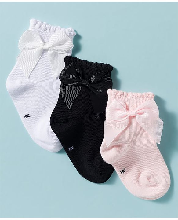Cute Walk by Babyhug Non Terry Knit Ankle Length Solid Party Socks With Bow Applique Pack of 3 - Multicolor
