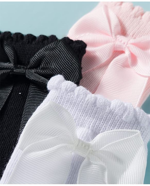 Cute Walk by Babyhug Non Terry Knit Ankle Length Solid Party Socks With Bow Applique Pack of 3 - Multicolor