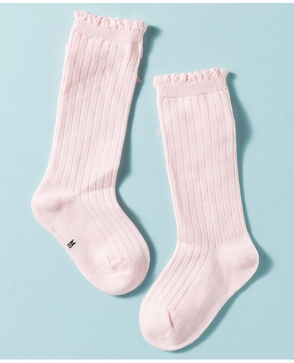 Cute Walk by Babyhug Non Terry Knit Calf Length Solid Party Socks with Bow Applique & Cable Knit Design - Pink