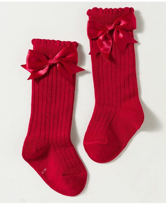 Cute Walk by Babyhug Non Terry Knit Calf Length Solid Party Socks with Bow Applique & Cable Knit Design - Pink