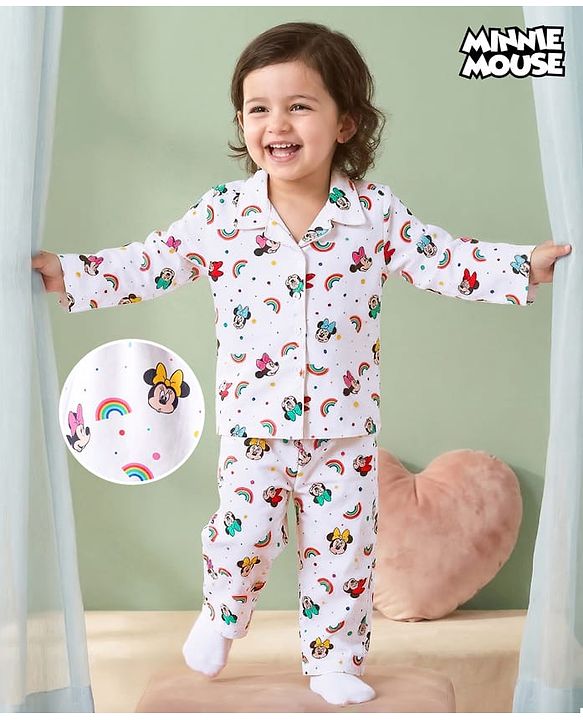 Babyhug Disney Cotton Woven Full Sleeves Minnie Mouse Printed Shirt & Pyjama Co-Ord Night Suit - White