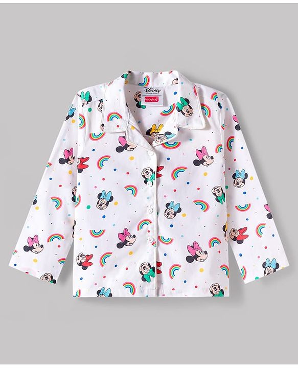 Babyhug Disney Cotton Woven Full Sleeves Minnie Mouse Printed Shirt & Pyjama Co-Ord Night Suit - White