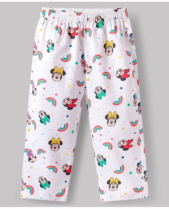 Babyhug Disney Cotton Woven Full Sleeves Minnie Mouse Printed Shirt & Pyjama Co-Ord Night Suit - White