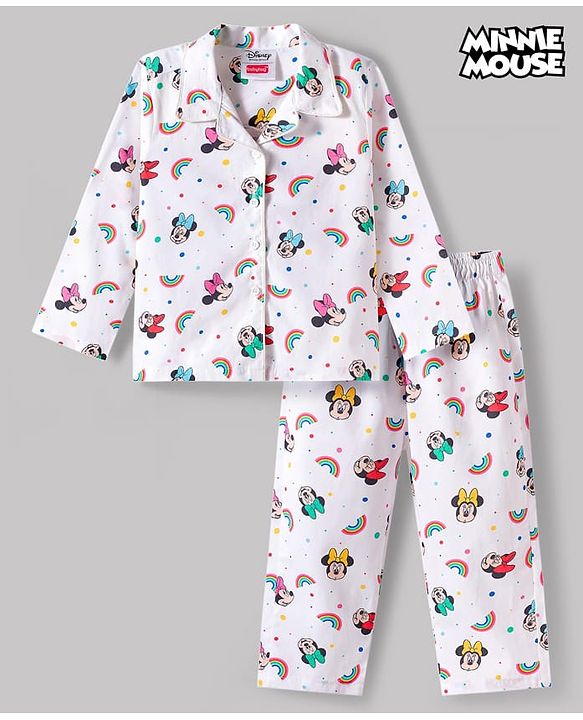 Babyhug Disney Cotton Woven Full Sleeves Minnie Mouse Printed Shirt & Pyjama Co-Ord Night Suit - White