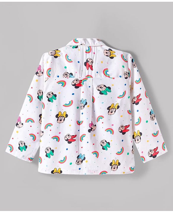 Babyhug Disney Cotton Woven Full Sleeves Minnie Mouse Printed Shirt & Pyjama Co-Ord Night Suit - White
