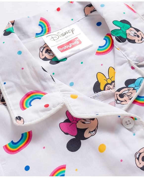 Babyhug Disney Cotton Woven Full Sleeves Minnie Mouse Printed Shirt & Pyjama Co-Ord Night Suit - White