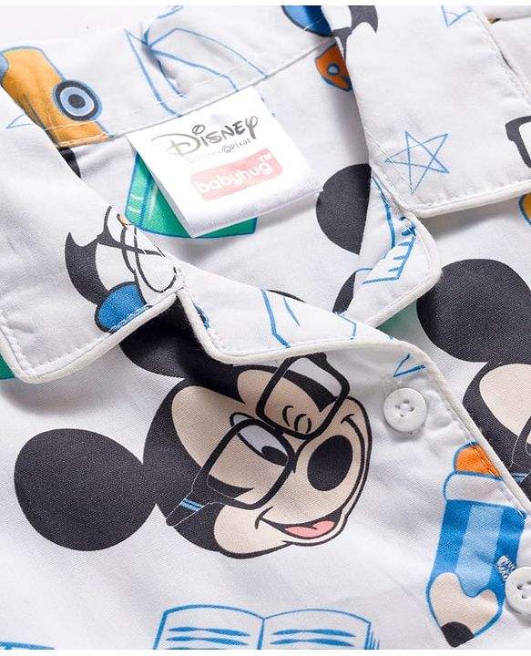 Babyhug Disney Cotton Woven Full Sleeves Mickey Mouse Printed Shirt & Pyjama Co-Ord Night Suit - White