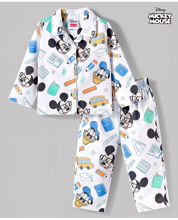 Babyhug Disney Cotton Woven Full Sleeves Mickey Mouse Printed Shirt & Pyjama Co-Ord Night Suit - White