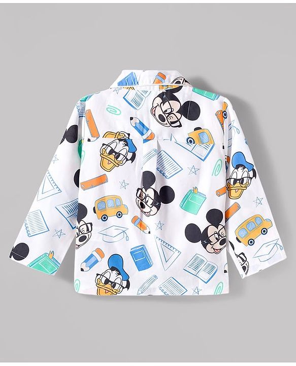 Babyhug Disney Cotton Woven Full Sleeves Mickey Mouse Printed Shirt & Pyjama Co-Ord Night Suit - White