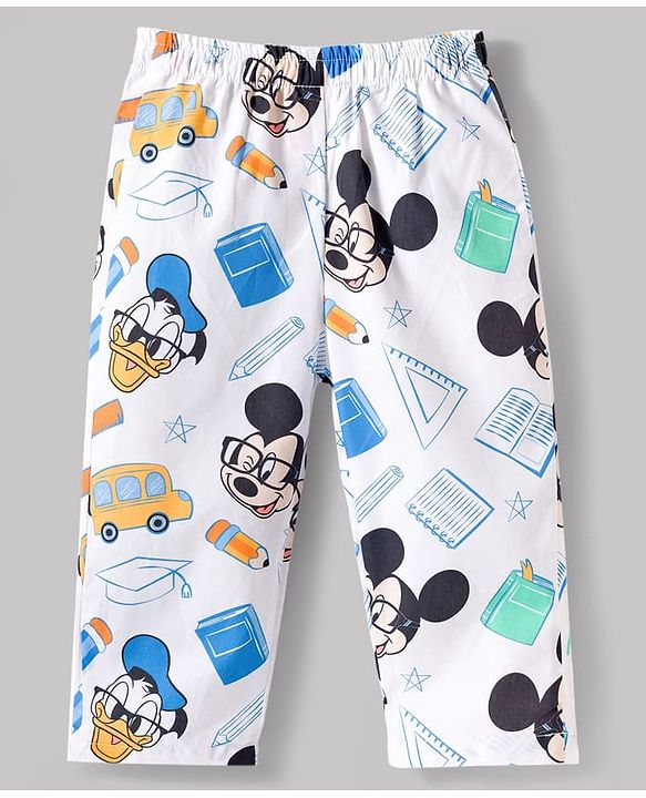 Babyhug Disney Cotton Woven Full Sleeves Mickey Mouse Printed Shirt & Pyjama Co-Ord Night Suit - White