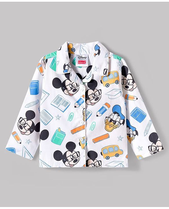 Babyhug Disney Cotton Woven Full Sleeves Mickey Mouse Printed Shirt & Pyjama Co-Ord Night Suit - White