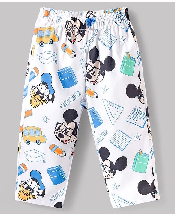 Babyhug Disney Cotton Woven Full Sleeves Mickey Mouse Printed Shirt & Pyjama Co-Ord Night Suit - White
