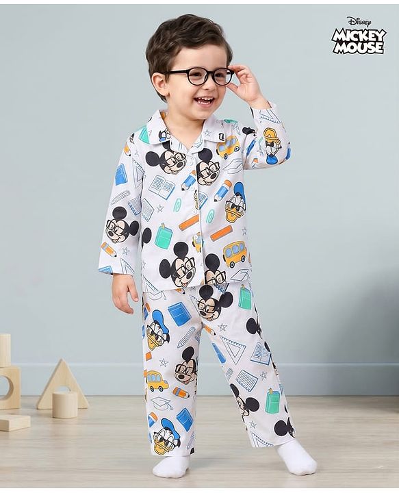Babyhug Disney Cotton Woven Full Sleeves Mickey Mouse Printed Shirt & Pyjama Co-Ord Night Suit - White