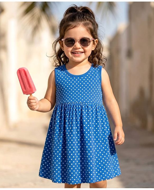 Babyhug Single Jersey Knit Sleeveless Frock With Polka Dot Print - Blue