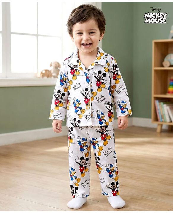 Babyhug Disney Cotton Woven Full Sleeves Co-ords Shirt & Pajama Night Suit with Mickey Mouse Print - Multicolor