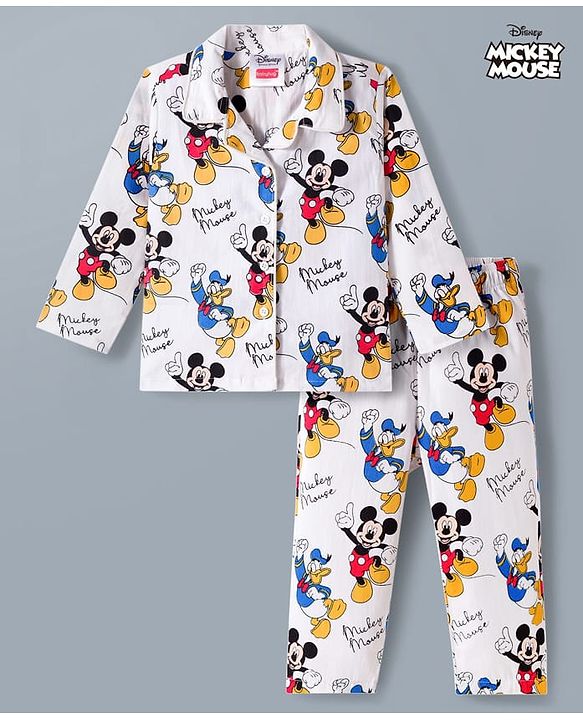 Babyhug Disney Cotton Woven Full Sleeves Co-ords Shirt & Pajama Night Suit with Mickey Mouse Print - Multicolor