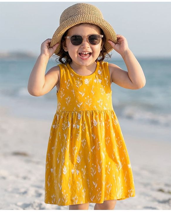 Babyhug Single Jersey Knit Sleeveless Frock with Floral Print - Yellow