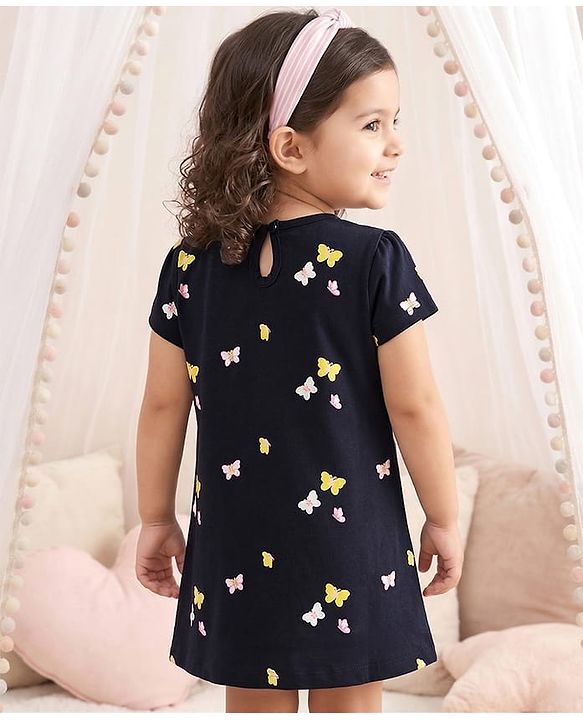 Babyhug Single Jersey Knit Half Sleeves Frock With Butterfly Print - Black