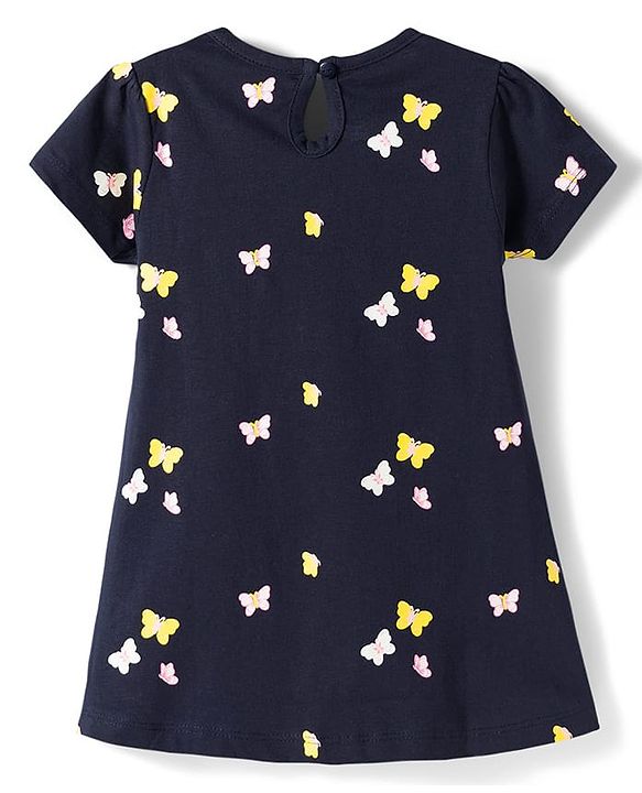 Babyhug Single Jersey Knit Half Sleeves Frock With Butterfly Print - Black