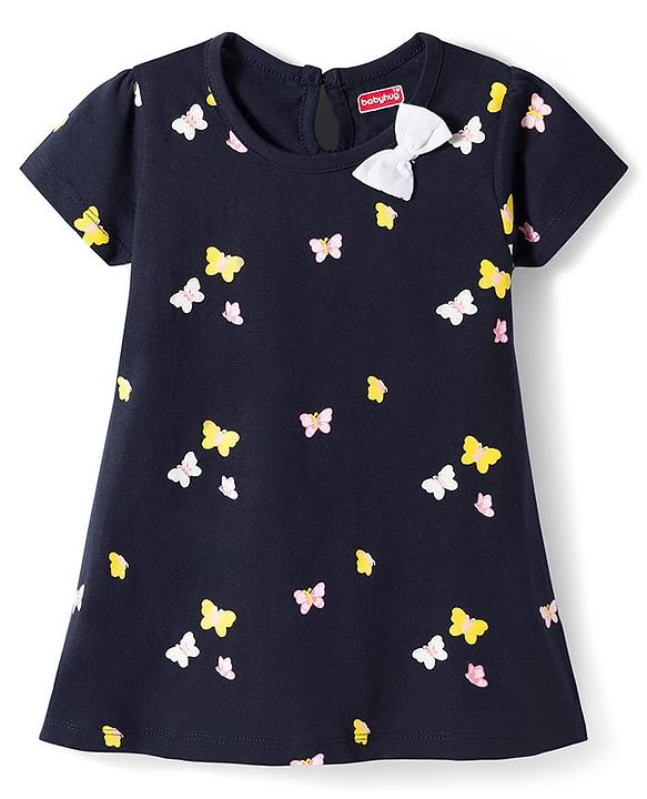 Babyhug Single Jersey Knit Half Sleeves Frock With Butterfly Print - Black