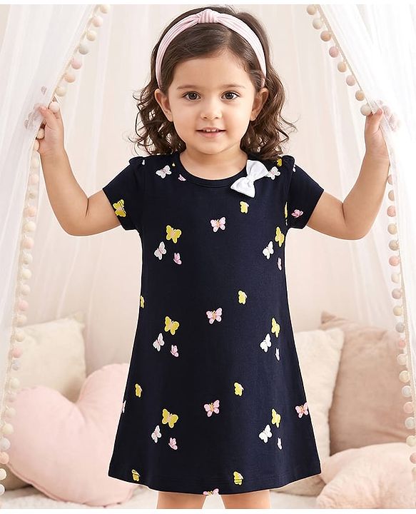 Babyhug Single Jersey Knit Half Sleeves Frock With Butterfly Print - Black