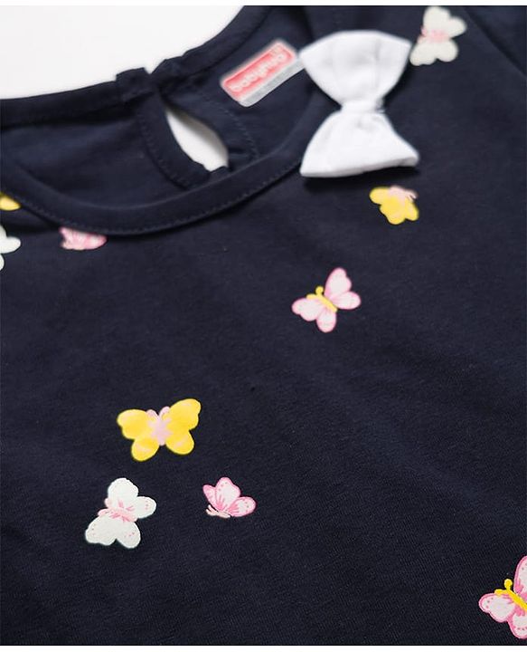 Babyhug Single Jersey Knit Half Sleeves Frock With Butterfly Print - Black