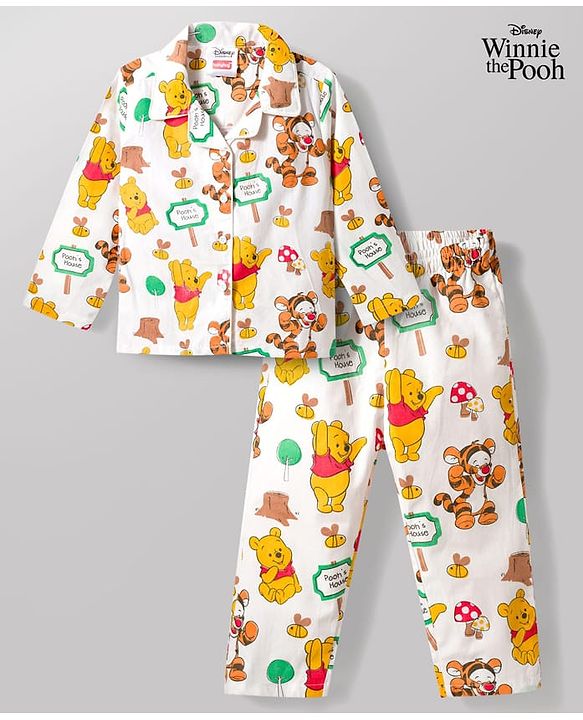 Babyhug Disney 100% Cotton Woven Full Sleeves Front Open Co-Ords Shirt & Pyjama Night Suit With Winnie the Pooh Print - Multicolour