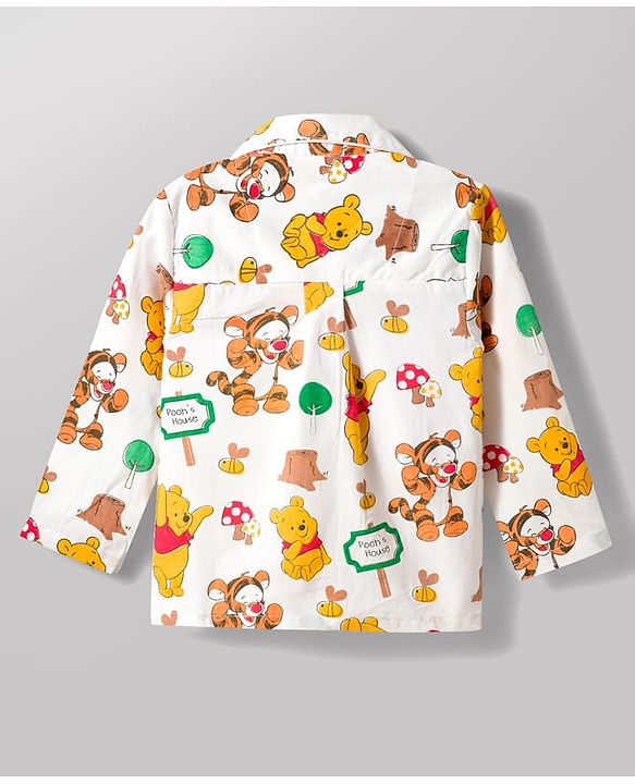 Babyhug Disney 100% Cotton Woven Full Sleeves Front Open Co-Ords Shirt & Pyjama Night Suit With Winnie the Pooh Print - Multicolour
