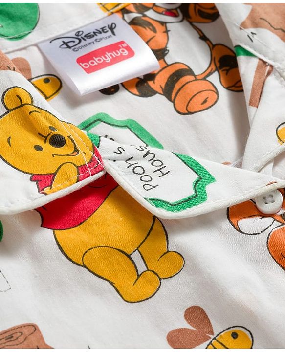 Babyhug Disney 100% Cotton Woven Full Sleeves Front Open Co-Ords Shirt & Pyjama Night Suit With Winnie the Pooh Print - Multicolour