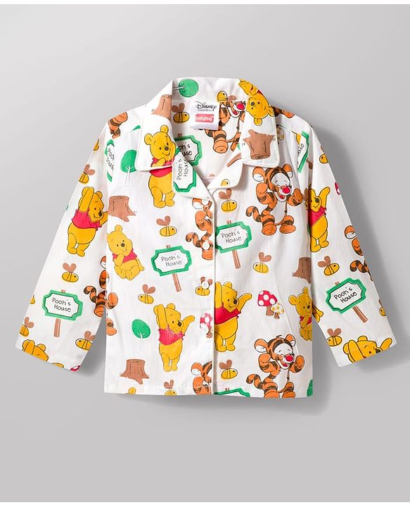 Babyhug Disney 100% Cotton Woven Full Sleeves Front Open Co-Ords Shirt & Pyjama Night Suit With Winnie the Pooh Print - Multicolour