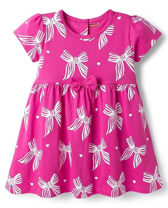 Babyhug Single Jersey Knit Half Sleeves Frock With Bow Print & Applique - Fuchsia