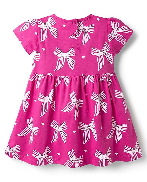 Babyhug Single Jersey Knit Half Sleeves Frock With Bow Print & Applique - Fuchsia