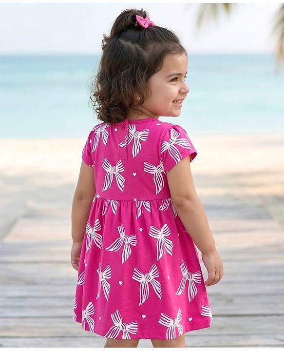 Babyhug Single Jersey Knit Half Sleeves Frock With Bow Print & Applique - Fuchsia