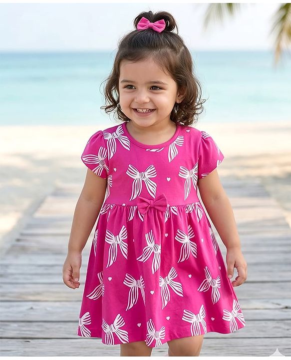 Babyhug Single Jersey Knit Half Sleeves Frock With Bow Print & Applique - Fuchsia