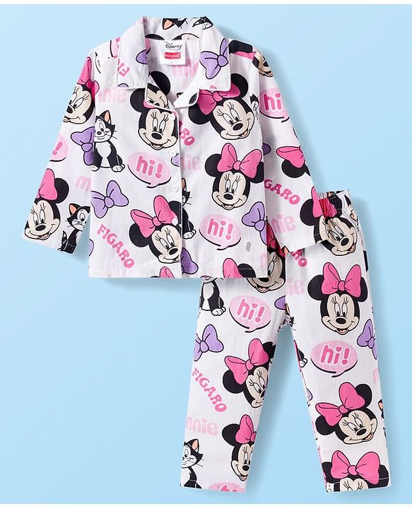 Babyhug Disney Cotton Woven Full Sleeves Co-ords Shirt & Pajama Night Suit with Minnie Mouse Print - Multicolor