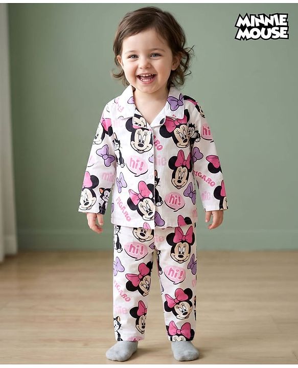 Babyhug Disney Cotton Woven Full Sleeves Co-ords Shirt & Pajama Night Suit with Minnie Mouse Print - Multicolor