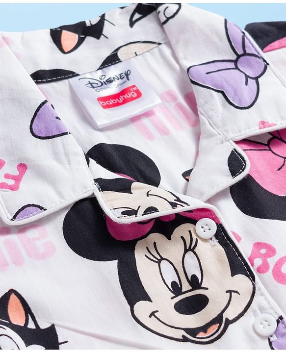 Babyhug Disney Cotton Woven Full Sleeves Co-ords Shirt & Pajama Night Suit with Minnie Mouse Print - Multicolor