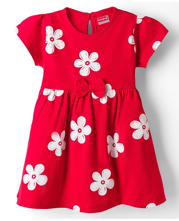 Babyhug 100% Cotton Knit Half Sleeves Floral Printed Frock With Bow Applique - Red