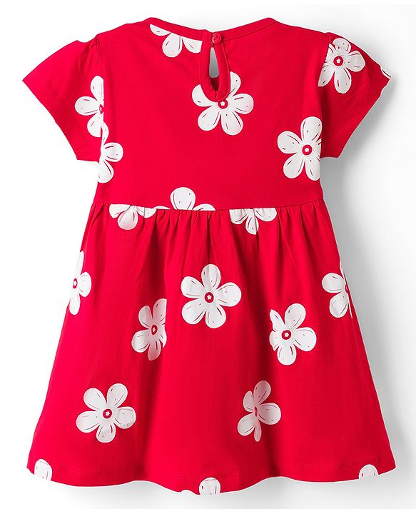 Babyhug 100% Cotton Knit Half Sleeves Floral Printed Frock With Bow Applique - Red