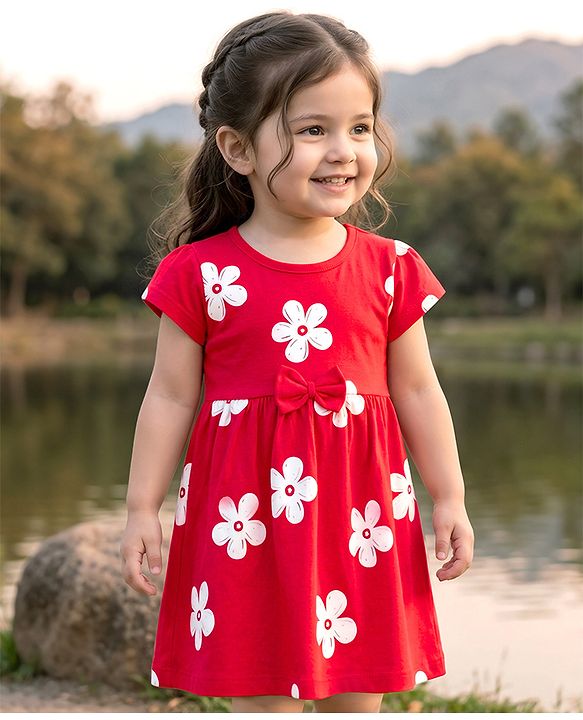 Babyhug 100% Cotton Knit Half Sleeves Floral Printed Frock With Bow Applique - Red