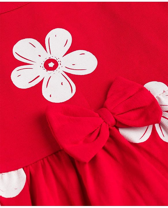 Babyhug 100% Cotton Knit Half Sleeves Floral Printed Frock With Bow Applique - Red
