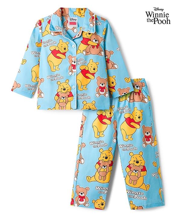 Babyhug Disney Cotton Woven Full Sleeves Shirt & Pyjama Co-ord Night Suit With Winnie The Pooh Print - Light Blue