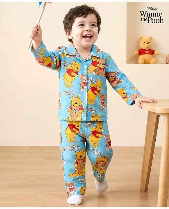 Babyhug Disney Cotton Woven Full Sleeves Shirt & Pyjama Co-ord Night Suit With Winnie The Pooh Print - Light Blue