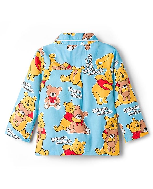 Babyhug Disney Cotton Woven Full Sleeves Shirt & Pyjama Co-ord Night Suit With Winnie The Pooh Print - Light Blue